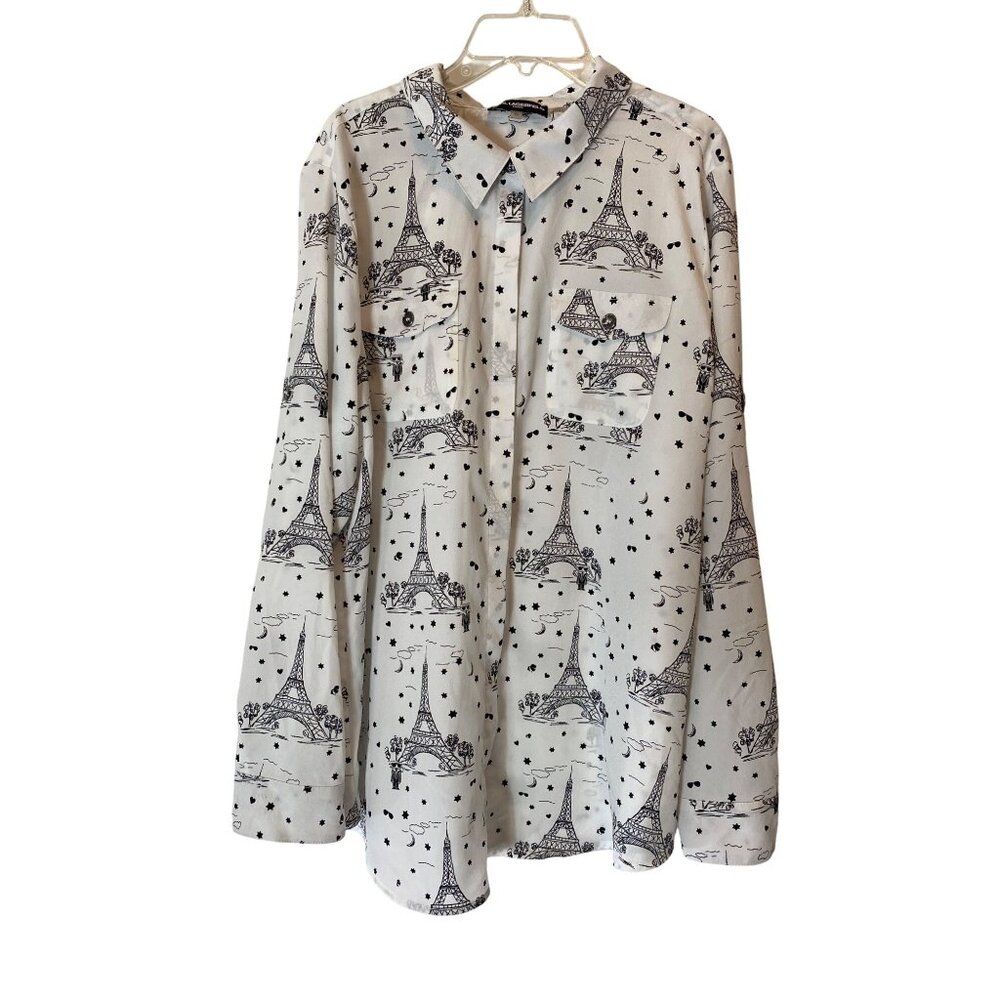Karl Lagerfeld Paris Eiffel Tower Print Long Sleeve Button-Up Shirt Blouse XL